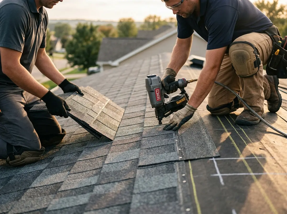 Professional roofer working on a residential roof in Southold